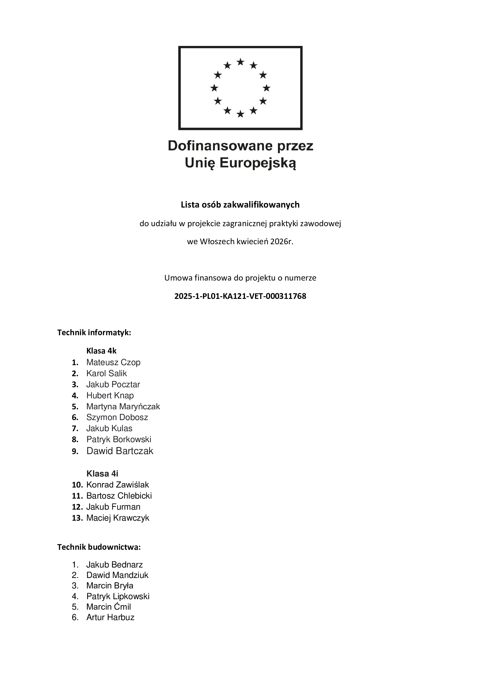Read more about the article Lista osób zakwalifikowanych do udziału w projekcie zagranicznej praktyki zawodowej  we Włoszech kwiecień 2026r.