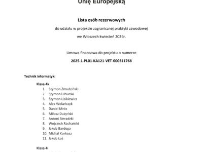 Lista osób rezerwowych do udziału w projekcie zagranicznej praktyki zawodowej we Włoszech kwiecień 2026r.